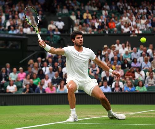 Mandatory Credit: Photo by Ella Ling Shutterstock (14009603dc) Carlos Alcaraz during his semi final match Wimbledon Tennis Championships, Day 12, The All England Lawn Tennis and Croquet Club, London, UK - 14 Jul 2023 Wimbledon Tennis Championships, Day 12, The All England Lawn Tennis and Croquet Club, London, UK - 14 Jul 2023  Copyright: xEllaxLing Shutterstockx 14009603dc