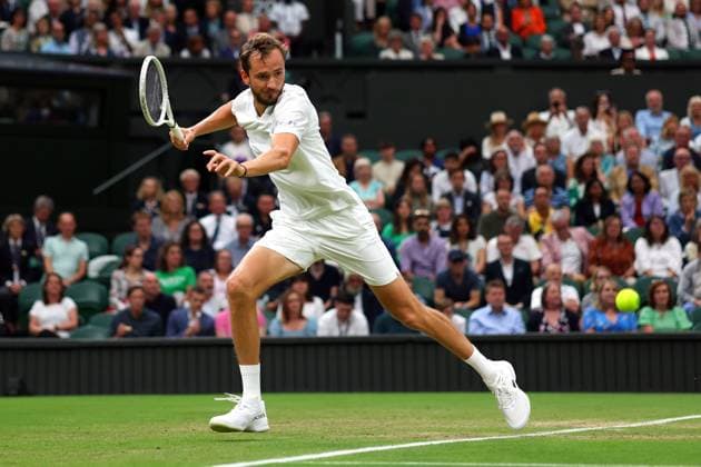 Mandatory Credit: Photo by Ella Ling Shutterstock (14009603df) Daniil Medvedev during his semi final match Wimbledon Tennis Championships, Day 12, The All England Lawn Tennis and Croquet Club, London, UK - 14 Jul 2023 Wimbledon Tennis Championships, Day 12, The All England Lawn Tennis and Croquet Club, London, UK - 14 Jul 2023  Copyright: xEllaxLing Shutterstockx 14009603df
