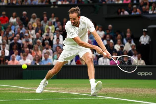 Mandatory Credit: Photo by Ella Ling Shutterstock (14009603ea) Daniil Medvedev during his semi final match Wimbledon Tennis Championships, Day 12, The All England Lawn Tennis and Croquet Club, London, UK - 14 Jul 2023 Wimbledon Tennis Championships, Day 12, The All England Lawn Tennis and Croquet Club, London, UK - 14 Jul 2023  Copyright: xEllaxLing Shutterstockx 14009603ea