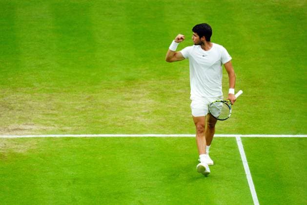 Mandatory Credit: Photo by Javier Garcia Shutterstock (14009601ex) Carlos Alcaraz celebrates winning the second set during his semi final match Wimbledon Tennis Championships, Day 12, The All England Lawn Tennis and Croquet Club, London, UK - 14 Jul 2023 Wimbledon Tennis Championships, Day 12, The All England Lawn Tennis and Croquet Club, London, UK - 14 Jul 2023  Copyright: xJavierxGarcia Shutterstockx 14009601ex