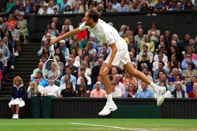 Mandatory Credit: Photo by Ella Ling Shutterstock (14009603ed) Daniil Medvedev during his semi final match Wimbledon Tennis Championships, Day 12, The All England Lawn Tennis and Croquet Club, London, UK - 14 Jul 2023 Wimbledon Tennis Championships, Day 12, The All England Lawn Tennis and Croquet Club, London, UK - 14 Jul 2023  Copyright: xEllaxLing Shutterstockx 14009603ed