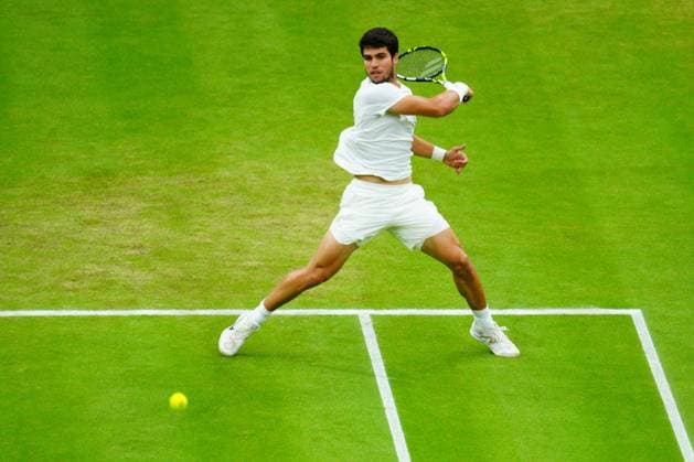 Mandatory Credit: Photo by Javier Garcia Shutterstock (14009601fk) Carlos Alcaraz during his semi final match Wimbledon Tennis Championships, Day 12, The All England Lawn Tennis and Croquet Club, London, UK - 14 Jul 2023 Wimbledon Tennis Championships, Day 12, The All England Lawn Tennis and Croquet Club, London, UK - 14 Jul 2023  Copyright: xJavierxGarcia Shutterstockx 14009601fk