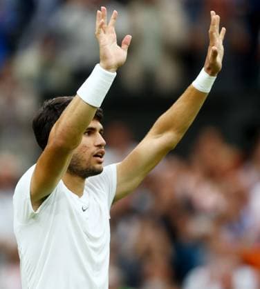 Mandatory Credit: Photo by Kieran McManus Shutterstock (14009604fx) Carlos Alcaraz of Spain celebrates winning his Semi Final match. Wimbledon Tennis Championships, Day 12, The All England Lawn Tennis and Croquet Club, London, UK - 14 Jul 2023 Wimbledon Tennis Championships, Day 12, The All England Lawn Tennis and Croquet Club, London, UK - 14 Jul 2023  Copyright: xKieranxMcManus Shutterstockx 14009604fx