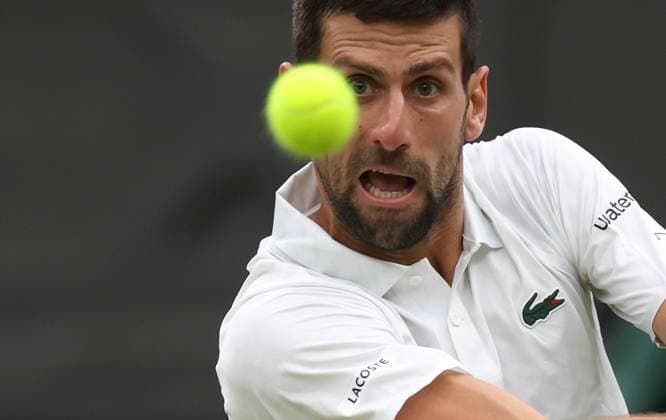 (230715) -- LONDON, July 15, 2023 -- Novak Djokovic competes during the men s singles semifinal between Novak Djokovic of Serbia and Jannik Sinner of Italy at Wimbledon tennis Championship in London, Britain, on July 14, 2023. ) (SP)BRITAIN-LONDON-TENNIS-WIMBLEDON-DAY 12 LixYing 