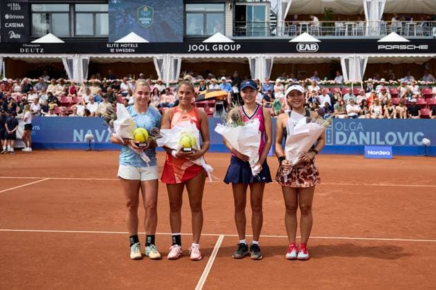 BÅSTAD 20230715 Irina Khromacheva, Panna Udvardy vann över Su Jeong Jang, Sydkorea och Eri Hozumi, Japan i damernas dubbelfinal under tennisturneringen Nordea Open i Bastad. BÅSTAD SVERIGE Tennis x11830x