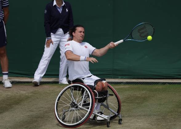 15th July 2023; All England Lawn Tennis and Croquet Club, London, England: Wimbledon Tennis Tournament; Gordon& xa0;Reid (GBR) with a forehand shot to Tokito Oda (JPN) , mens wheelchair singles semi-final  ActionPlus12531425 JohnxPatrickxFletcher