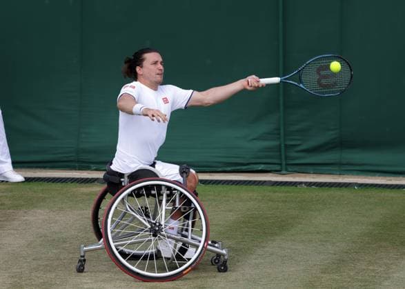 15th July 2023; All England Lawn Tennis and Croquet Club, London, England: Wimbledon Tennis Tournament; Gordon& xa0;Reid (GBR) with a forehand shot to Tokito Oda (JPN) , mens wheelchair singles semi-final  ActionPlus12531427 JohnxPatrickxFletcher