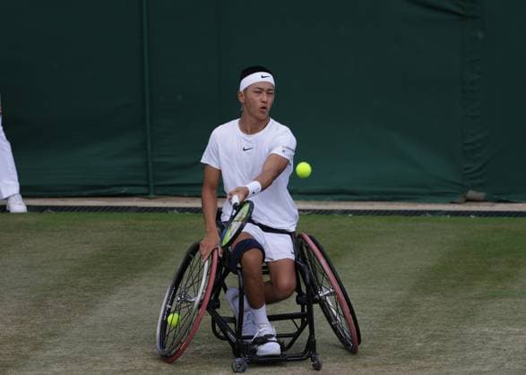 15th July 2023; All England Lawn Tennis and Croquet Club, London, England: Wimbledon Tennis Tournament; Tokito Oda (JPN) with a forehand shot to Gordon& xa0;Reid (GBR) , mens wheelchair singles semi-final  ActionPlus12531444 JohnxPatrickxFletcher
