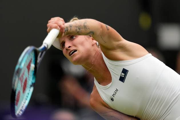 Mandatory Credit: Photo by Dave Shopland Shutterstock (14010519bg) Marketa Vondrousova during the Ladies Singles final Wimbledon Tennis Championships, Day 13, The All England Lawn Tennis and Croquet Club, London, UK - 15 Jul 2023 Wimbledon Tennis Championships, Day 13, The All England Lawn Tennis and Croquet Club, London, UK - 15 Jul 2023  Copyright: xDavexShopland Shutterstockx 14010519bg