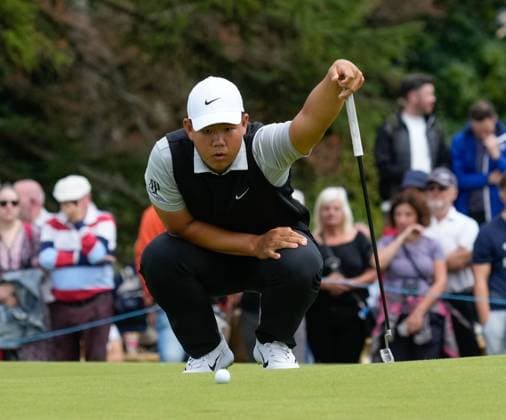 Mandatory Credit: Photo by Stuart Wallace Shutterstock (14003897am) Tom Kim (KOR) on the 17th green during the 3rd round. Genesis Scottish Open, Day Three, Golf, The Renaissance Club, North Berwick, UK - 15 Jul 2023 Genesis Scottish Open, Day Three, Golf, The Renaissance Club, North Berwick, UK - 15 Jul 2023  Copyright: xStuartxWallace Shutterstockx 14003897am