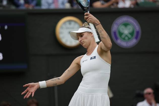15th July 2023; All England Lawn Tennis and Croquet Club, London, England: Wimbledon Tennis Tournament; Womens singles final match, Marketa Vondrousova versus Ons Jabeur on centre court; Marketa Vondrousova hits return long  ActionPlus12531634 JohnxPatrickxFletcher