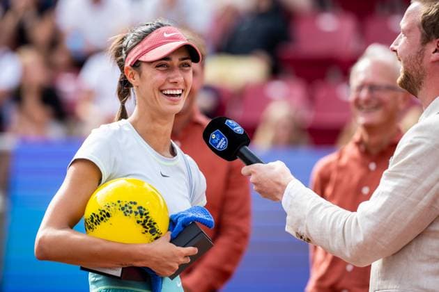 230715 Olga Danilovic, Serbien jublar efter damernas final under dag 6 av WTA, Tennis Damen Nordea Open den 15 juli 2023 i Bastad. Copyright: NICLASxJÖNSSON BB230715NO088