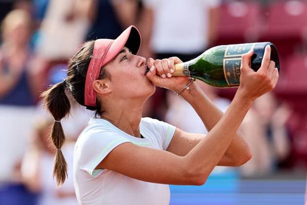 BÅSTAD 20230715 Olga Danilovic, Serbien firar efter segern i finalen under tennisturneringen Nordea Open i Bastad. BÅSTAD SVERIGE Tennis x11830x