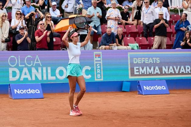 BÅSTAD 20230715 Olga Danilovic, Serbien jublar efter segern i finalen under tennisturneringen Nordea Open i Bastad. BÅSTAD SVERIGE Tennis x11830x