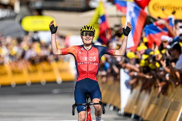Sport Themen der Woche KW28 Sport Bilder des Tages Tour de France 2023 - Stage 14 MORZINE, FRANCE - JULY 15 : Rodríguez Carlos (ESP) of INEOS Grenadiers celebrating his victory during stage 14 of the 110th edition of the Tour de France 2023 cycling race, a stage of 152 kms with start in Annemasse and finish in Morzine on July 15, 2023 in Morzine, France, 15 07 2023 ( Motordriver Kenny Verfaillie - Morzine France  Copyright: xVincentxKalutx