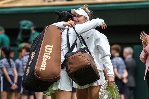 Wimbledon: Day Thirteen 15 July 2023, Wimbledon - Wimbledon Tennis Championships - Day Thirteen - Ons Jabeur (TUN) and Marketa Vondrousova (CZE) embrace after their Women™s Singles Final - Photo: Charlotte Wilson Offside. Wimbledon UK Copyright: xCharlottexWilsonx xOffsidexOffside