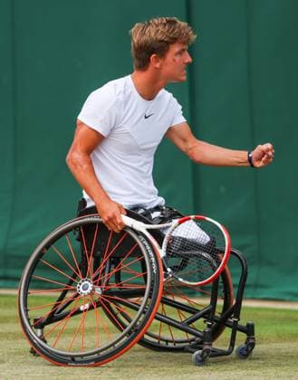 Mandatory Credit: Photo by Ella Ling Shutterstock (14011309c) Niels Vink wins in the Quad Wheelchair singles final and celebrates Wimbledon Tennis Championships, Day 14, The All England Lawn Tennis and Croquet Club, London, UK - 16 Jul 2023 Wimbledon Tennis Championships, Day 14, The All England Lawn Tennis and Croquet Club, London, UK - 16 Jul 2023  Copyright: xEllaxLing Shutterstockx 14011309c