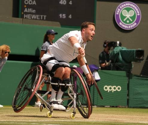 Tennis - 2023 Wimbledon Championships - Week Two - Day Fourteen - All England lawn Tennis & Racquet Club, Wimbledon - Sunday 16th Mens singles Wheelchair final - Tokito Oda (JPN) v Alfie Hewett (GBR) Alfie Hewett (GBR) 