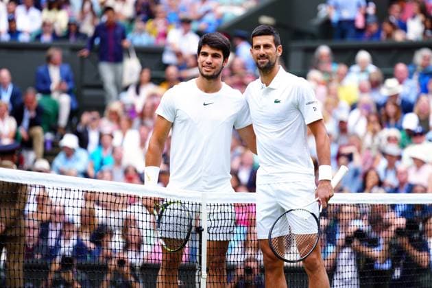 Mandatory Credit: Photo by Javier Garcia Shutterstock (14011311av) Carlos Alcaraz and Novak Djokovic ahead of the Men s Singles final Wimbledon Tennis Championships, Day 14, The All England Lawn Tennis and Croquet Club, London, UK - 16 Jul 2023 Wimbledon Tennis Championships, Day 14, The All England Lawn Tennis and Croquet Club, London, UK - 16 Jul 2023  Copyright: xJavierxGarcia Shutterstockx 14011311av