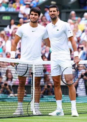 Mandatory Credit: Photo by Javier Garcia Shutterstock (14011311au) Carlos Alcaraz and Novak Djokovic ahead of the Men s Singles final Wimbledon Tennis Championships, Day 14, The All England Lawn Tennis and Croquet Club, London, UK - 16 Jul 2023 Wimbledon Tennis Championships, Day 14, The All England Lawn Tennis and Croquet Club, London, UK - 16 Jul 2023  Copyright: xJavierxGarcia Shutterstockx 14011311au