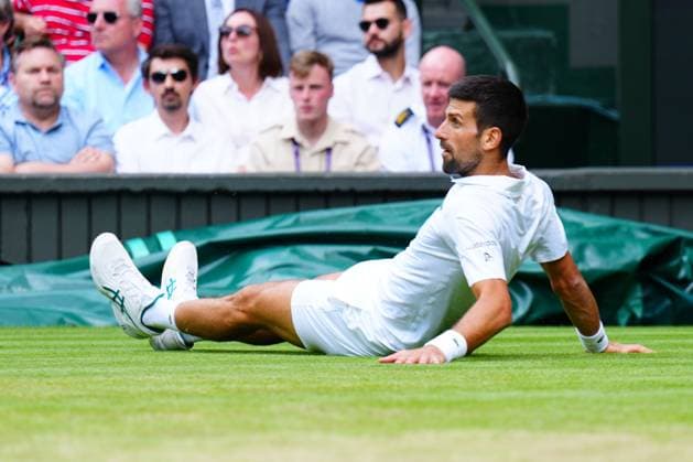 Mandatory Credit: Photo by Javier Garcia Shutterstock (14011311ei) Novak Djokovic falls during the Men s Singles final Wimbledon Tennis Championships, Day 14, The All England Lawn Tennis and Croquet Club, London, UK - 16 Jul 2023 Wimbledon Tennis Championships, Day 14, The All England Lawn Tennis and Croquet Club, London, UK - 16 Jul 2023  Copyright: xJavierxGarcia Shutterstockx 14011311ei
