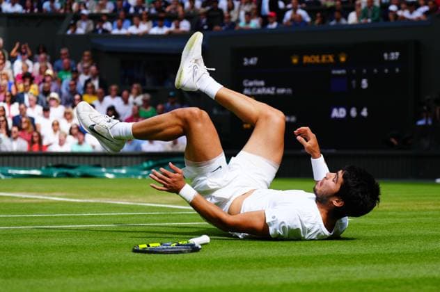 Mandatory Credit: Photo by Javier Garcia Shutterstock (14011311ev) Carlos Alcaraz falls during the Men s Singles final Wimbledon Tennis Championships, Day 14, The All England Lawn Tennis and Croquet Club, London, UK - 16 Jul 2023 Wimbledon Tennis Championships, Day 14, The All England Lawn Tennis and Croquet Club, London, UK - 16 Jul 2023  Copyright: xJavierxGarcia Shutterstockx 14011311ev