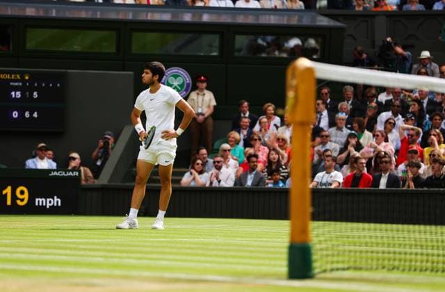 Mandatory Credit: Photo by Ella Ling Shutterstock (14011309cm) Carlos Alcaraz looks dejected Wimbledon Tennis Championships, Day 14, The All England Lawn Tennis and Croquet Club, London, UK - 16 Jul 2023 Wimbledon Tennis Championships, Day 14, The All England Lawn Tennis and Croquet Club, London, UK - 16 Jul 2023  Copyright: xEllaxLing Shutterstockx 14011309cm