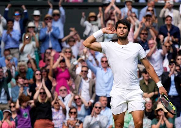 Mandatory Credit: Photo by Dave Shopland Shutterstock (14011307ep) Carlos Alcaraz celebrates during the Men s Singles final Wimbledon Tennis Championships, Day 14, The All England Lawn Tennis and Croquet Club, London, UK - 16 Jul 2023 Wimbledon Tennis Championships, Day 14, The All England Lawn Tennis and Croquet Club, London, UK - 16 Jul 2023  Copyright: xDavexShopland Shutterstockx 14011307ep