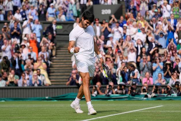 Mandatory Credit: Photo by Dave Shopland Shutterstock (14011307ez) Carlos Alcaraz celebrates during the Men s Singles final Wimbledon Tennis Championships, Day 14, The All England Lawn Tennis and Croquet Club, London, UK - 16 Jul 2023 Wimbledon Tennis Championships, Day 14, The All England Lawn Tennis and Croquet Club, London, UK - 16 Jul 2023  Copyright: xDavexShopland Shutterstockx 14011307ez