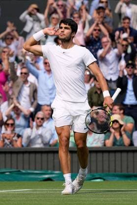 Mandatory Credit: Photo by Dave Shopland Shutterstock (14011307ew) Carlos Alcaraz celebrates during the Men s Singles final Wimbledon Tennis Championships, Day 14, The All England Lawn Tennis and Croquet Club, London, UK - 16 Jul 2023 Wimbledon Tennis Championships, Day 14, The All England Lawn Tennis and Croquet Club, London, UK - 16 Jul 2023  Copyright: xDavexShopland Shutterstockx 14011307ew