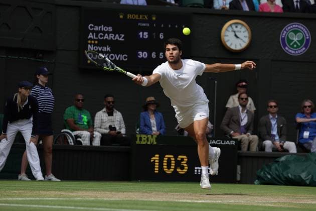16th July 2023; All England Lawn Tennis and Croquet Club, London, England: Wimbledon Tennis Tournament; Mens singles final on centre court Novak Djokovic versus Carlos Alcaraz;  ActionPlus12532021 JohnxPatrickxFletcher