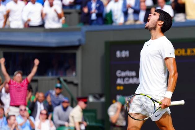 Mandatory Credit: Photo by Javier Garcia Shutterstock (14011311gv) Carlos Alcaraz celebrates during the Men s Singles final Wimbledon Tennis Championships, Day 14, The All England Lawn Tennis and Croquet Club, London, UK - 16 Jul 2023 Wimbledon Tennis Championships, Day 14, The All England Lawn Tennis and Croquet Club, London, UK - 16 Jul 2023  Copyright: xJavierxGarcia Shutterstockx 14011311gv
