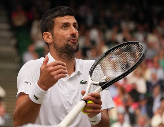 Tennis - 2023 Wimbledon Championships - Week Two - Day Fourteen - All England lawn Tennis & Racquet Club, Wimbledon - Sunday 16th Mens singles final - Carlos Alcaraz (ESP) v Novak Djokovic (SRB) Novak Djokovic complains to the Umpire 