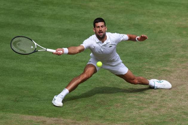 Wimbledon: Day Fourteen 17 July 2023, Wimbledon - Wimbledon Tennis Championships - Day Fourteen - Novak Djokovic (SRB) in action during the Gentlemen s Singles Final match against Carlos Alcaraz (ESP) - Photo: Charlotte Wilson Offside. Wimbledon UK Copyright: xCharlottexWilsonx xOffsidexOffside