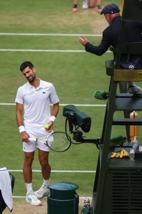 Wimbledon: Day Fourteen 17 July 2023, Wimbledon - Wimbledon Tennis Championships - Day Fourteen - Novak Djokovic (SRB) argues with the umpire during the Gentlemen s Singles Final match against Carlos Alcaraz (ESP) - Photo: Charlotte Wilson Offside. Wimbledon UK Copyright: xCharlottexWilsonx xOffsidexOffside