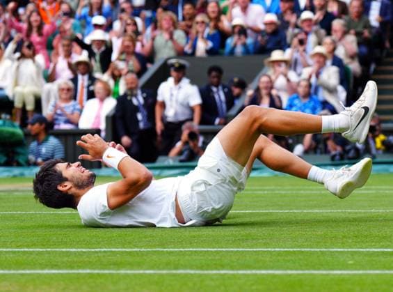 Mandatory Credit: Photo by Javier Garcia Shutterstock (14011311ji) Carlos Alcaraz celebrates victory in the Men s Singles final Wimbledon Tennis Championships, Day 14, The All England Lawn Tennis and Croquet Club, London, UK - 16 Jul 2023 Wimbledon Tennis Championships, Day 14, The All England Lawn Tennis and Croquet Club, London, UK - 16 Jul 2023  Copyright: xJavierxGarcia Shutterstockx 14011311ji
