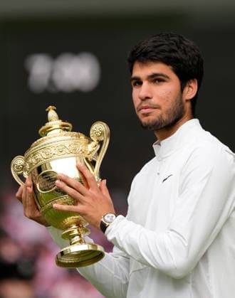 Mandatory Credit: Photo by Dave Shopland Shutterstock (14011307in) Carlos Alcaraz lifts the The Gentlemen s Singles Trophy after victory Wimbledon Tennis Championships, Day 14, The All England Lawn Tennis and Croquet Club, London, UK - 16 Jul 2023 Wimbledon Tennis Championships, Day 14, The All England Lawn Tennis and Croquet Club, London, UK - 16 Jul 2023  Copyright: xDavexShopland Shutterstockx 14011307in