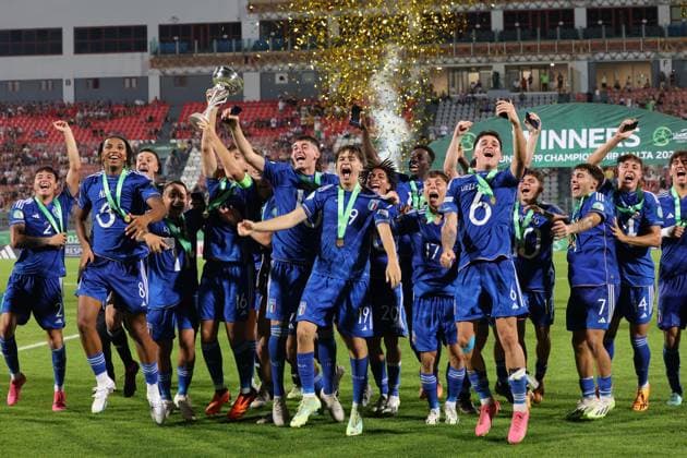 Portugal v Italy : Final - UEFA European Under-19 Championship 2022 23 TA QALI, MALTA - JULY 16: Italy celebrate winning the 2023 UEFA European Under-19 Championship by beating Portugal 1-0 in the final soccer match between the two teams at the National Stadium, on July 16, 2023, in Ta Qali, Malta. Ta Qali Attard Malta  Copyright: xDomenicxAquilinax originalFilename:aquilina-uefaeuro230716_npy9R.jpg