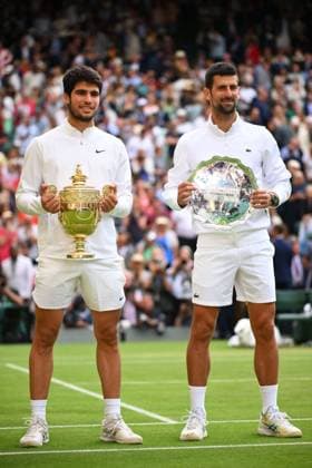 Wimbledon - Carlos Alcaraz Wins First Title Carlos Alcaraz (ESP) and Novak Djokovic (SRB) during the men final at the 2023 Wimbledon Championships at the AELTC in London, UK on July 16, 2023. Photo by Corinne Dubreuil ABACAPRESS.COMM London United Kingdom  Copyright: xDubreuilxCorinne ABACAx 860951_102 DubreuilxCorinne ABACAx 860951_102