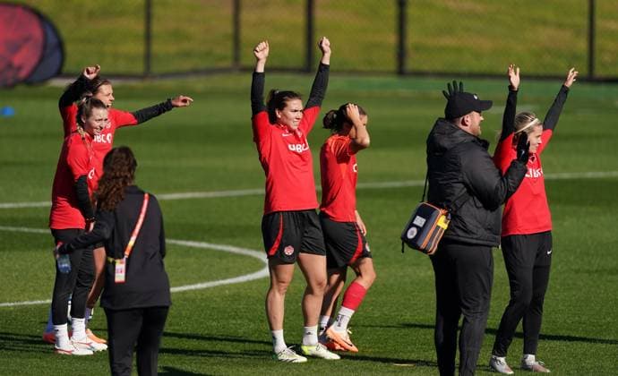 July 17, 2023, Melbourne, Australia: Canada s Vanessa Gilles , centre, celebrates during a training session ahead of the FIFA Women s World Cup in Melbourne, Australia, Monday, July 17, 2023. Women s World Cup Soccer Canada Training  - ZUMAc35_ 20230717_zaf_c35_048 Copyright: xScottxBarbourx