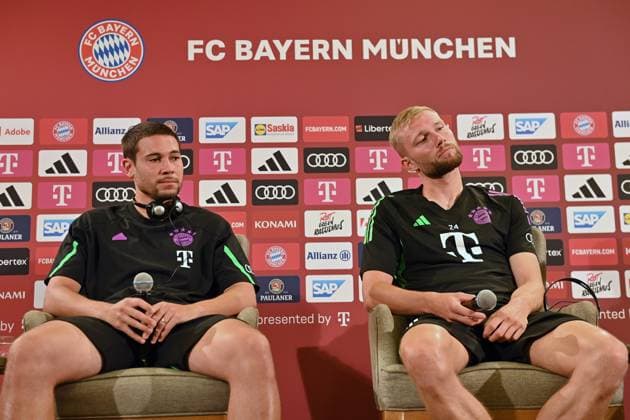 Sport Themen der Woche KW29 Sport Bilder des Tages v.li:Raphael GUERREIRO (Bayern Muenchen), Konrad LAIMER (Bayern Muenchen). Offizielle Vorstellung, Pressekonferenz FC Bayern Muenchen im Trainingslager in Rottach Egern am 17.07.2023. Fussball 1. Bundesliga,Saison 2023 2024. *** v li Raphael GUERREIRO Bayern Muenchen , Konrad LAIMER Bayern Muenchen Official presentation, press conference FC Bayern Muenchen in training camp in Rottach Egern on 17 07 2023 Football 1 Bundesliga,season 2023 2024