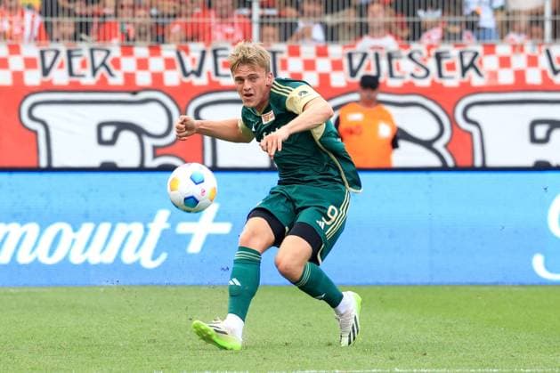 DEU, 1.FC Union vs. Rapid Wien, 19.07.2023, Stadion Alte Foersterei, Berlin, DEU, 1.FC Union vs. Rapid Wien, im Bild: Mikkel Kaufmann (1.FC Union Berlin 9) DFL - regulations prohibit any use of Photographs as image sequences and or quasi-video Foto: Juergen Engler nordphoto GmbH