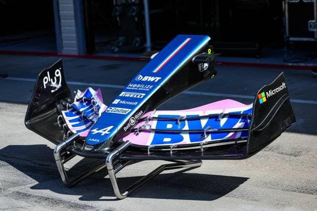 Alpine F1 Team A523, mechanical detail of the front wing during the 2023 Formula 1 Qatar Airways Hungarian Grand Prix, 11th round of the 2023 Formula One World Championship, WM, Weltmeisterschaft from July 21 to 23, 2023 on the Hungaroring, in Mogyorod, Hungary - F1 - HUNGARIAN GRAND PRIX 2023 DPPI Panoramic  00123026_GOOD6581 