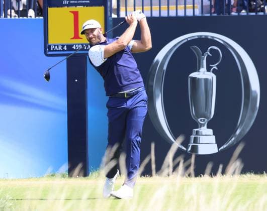 American Dustin Johnson tees off on the 1st hole on the first day at the 151st Open Championship at Royal Liverpool Golf Club in Hoylake, England on Thursday, July 20, 2023.  LON2023072029 HUGOxPHILPOTT