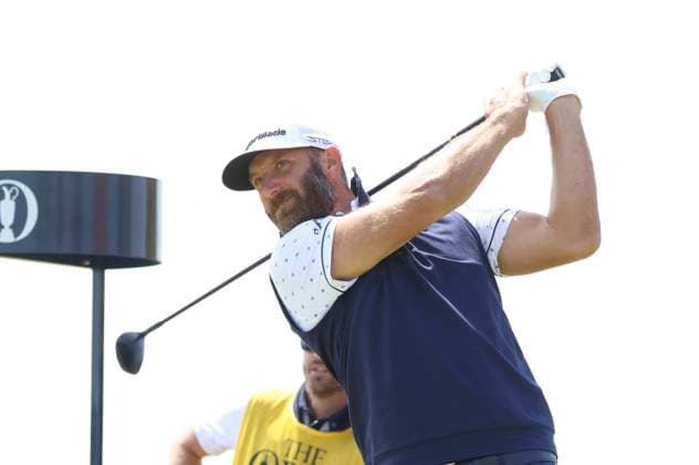 American Dustin Johnson tees off on the second hole on the first day at the 151st Open Championship at Royal Liverpool Golf Club in Hoylake, England on Thursday, July 20, 2023.  LON2023072037 HUGOxPHILPOTT