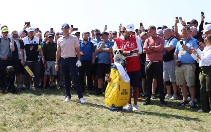 Northern Ireland s Rory Mcllroy stands in the rough on the second hole on the first day at the 151st Open Championship at Royal Liverpool Golf Club in Hoylake, England on Thursday, July 20, 2023.  LON20230720101 HUGOxPHILPOTT