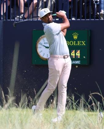 American Tony Finau tees off on the 1st hole on the first day at the 151st Open Championship at Royal Liverpool Golf Club in Hoylake, England on Thursday, July 20, 2023.  LON2023072078 HUGOxPHILPOTT