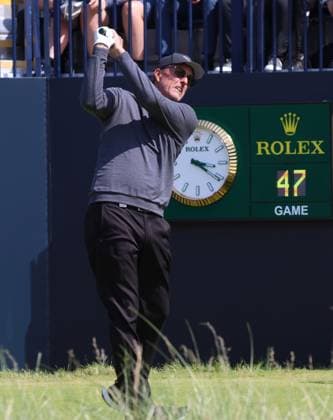 American Phil Mickelson drives on the 1st tee on the first day at the 151st Open Championship at Royal Liverpool Golf Club in Hoylake, England on Thursday, July 20, 2023.  LON2023072098 HUGOxPHILPOTT