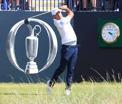 American Adam Schenk drives on the 1st tee on the first day at the 151st Open Championship at Royal Liverpool Golf Club in Hoylake, England on Thursday, July 20, 2023.  LON2023072097f HUGOxPHILPOTT