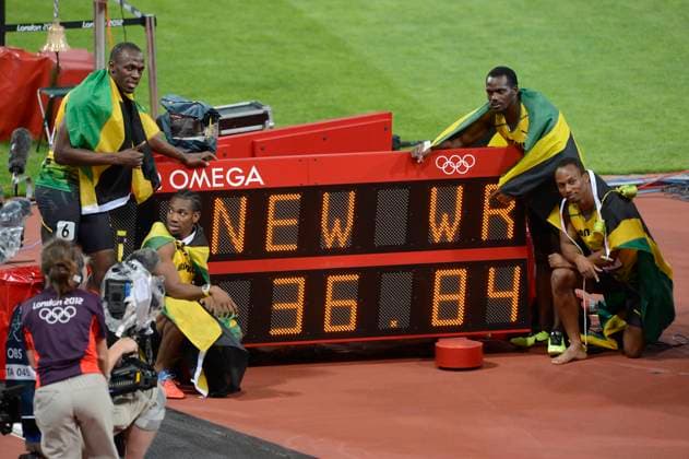 Olympics 2012 - Jamaica wins Gold Medal - Relay 4x100m Jamaica s team with Usain Bolt, Yohan Blake,Michael Frater and Nester Carter beats the world record and wins the gold medal in the Relay 4X100 Meters Men at athetics in the 2012 London Olympics Games in London, UK on August 11h, 2012. Photo by Henri Szwarc ABACAPRESS.COM London United Kingdom  Copyright: xSzwarcxHenri ABACAx 330851_002 SzwarcxHenri ABACAx 330851_002